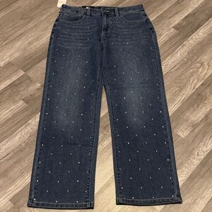 Express Dark Blue Straight-Leg Jeans with Rhinestone Dots